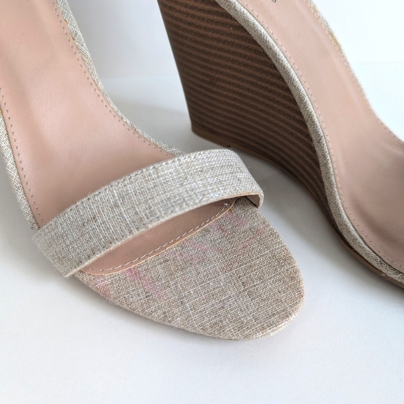 JustFab Liota Sandal Ankle Strap Stacked Heel Open Toe Linen Natural Beige sz 10 - Picture 6 of 12